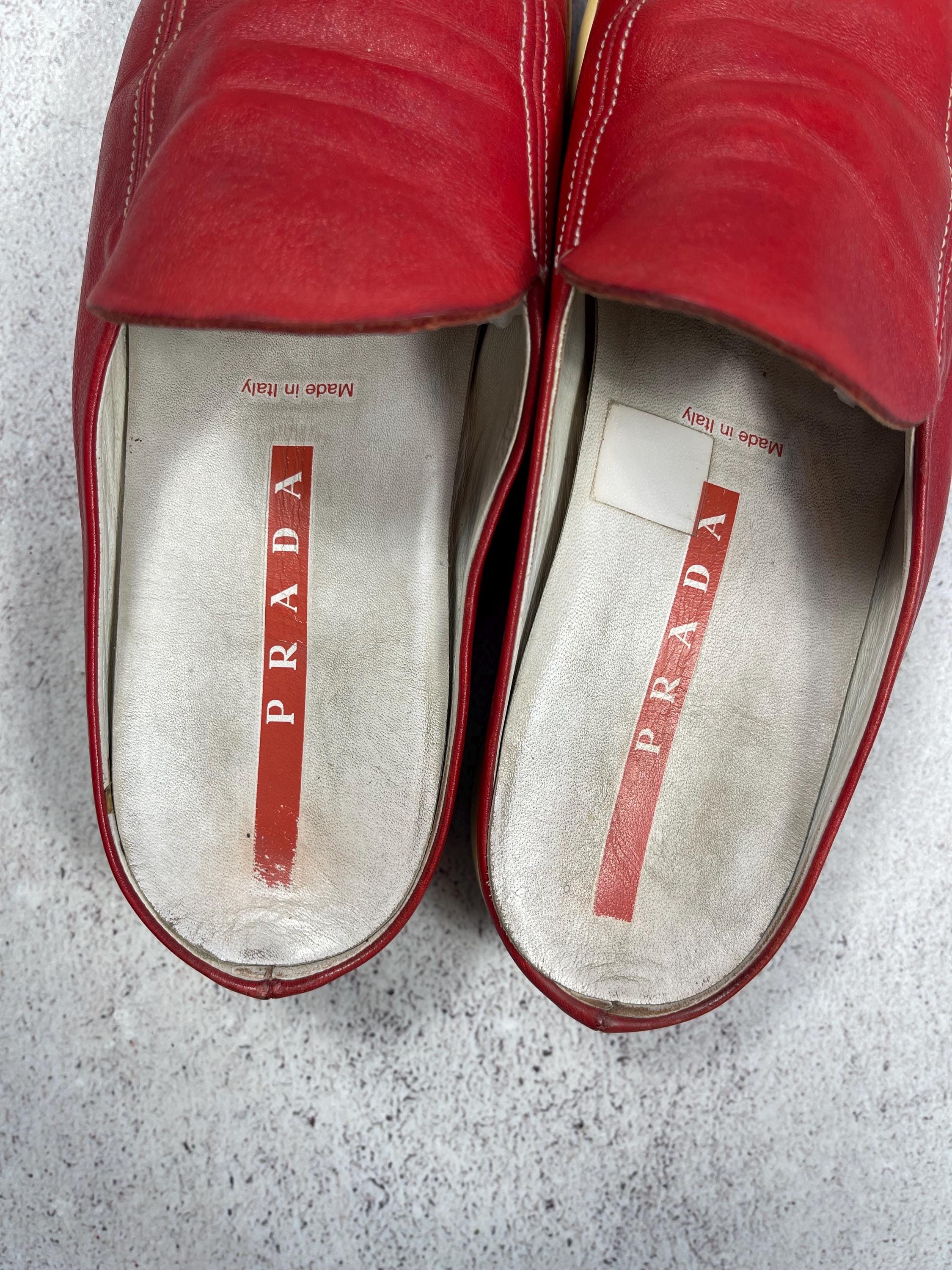 Vintage 90s Prada Women's Leather Mules Red Flat Loafers Size 36.5