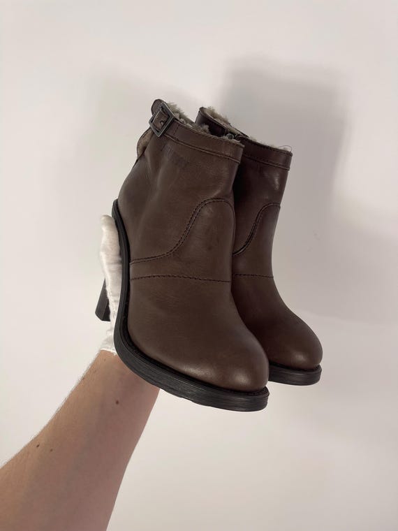 Dirk Bikkembergs, Dirk Bikkembergs Women's Leather Platform Ankle Boots Brown Lining Fur Shoes