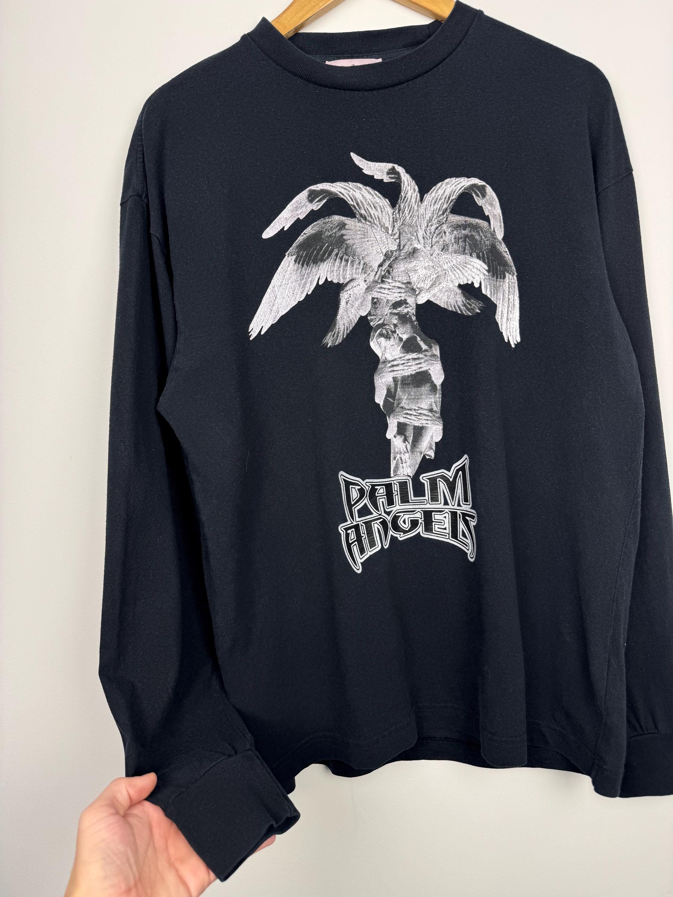 Palm Angels Logo Print Statue Black Mens T-shirt Long Sleeve 100