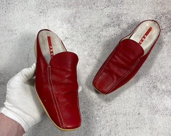 Vintage 90s Prada Women's Leather Mules Red Flat Loafers Size 36.5