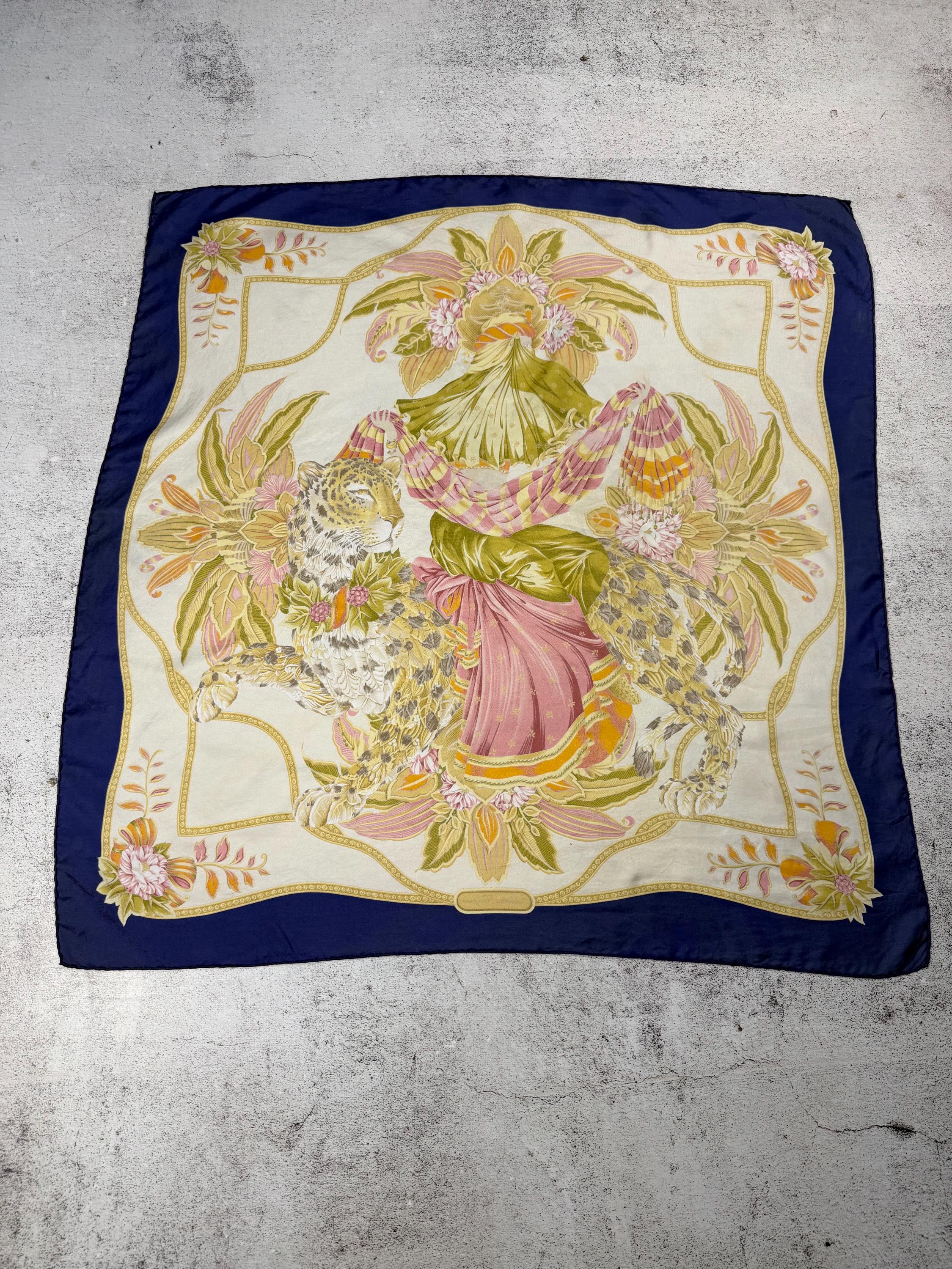 Salvatore Ferragamo Vintage 100%silk Scarf Leopard Animal Floral