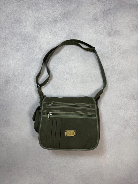 Vintage Diesel Y2K 90s Designer Messenger Bag Mens Khaki Green Adjustale Strap