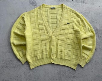 Chemise Lacoste Men's Vintage 90s Knitted Cardigan Yellow Cotton Sweater Size 5