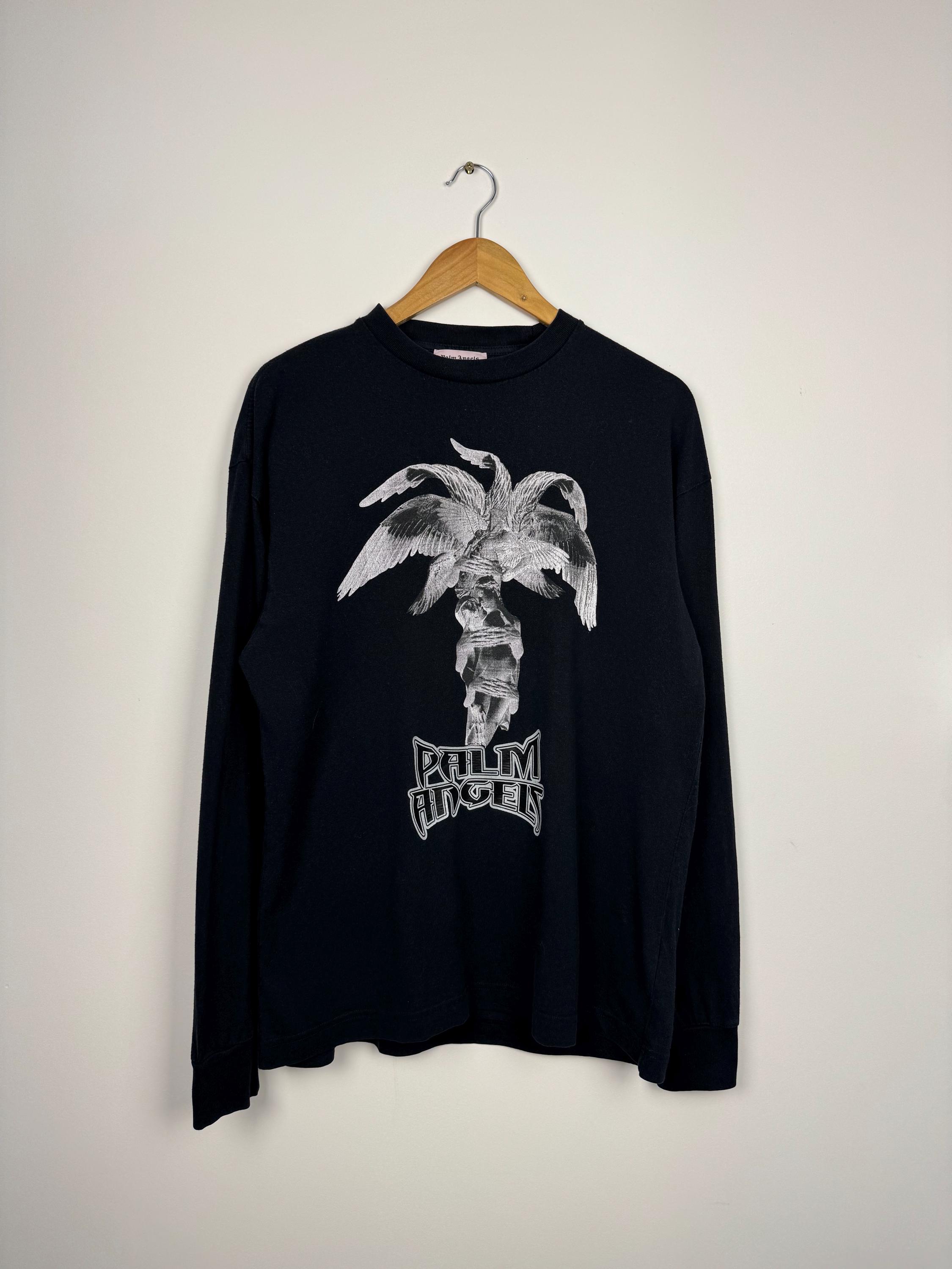 Palm Angels Logo Print Statue Black Mens T-shirt Long Sleeve 100