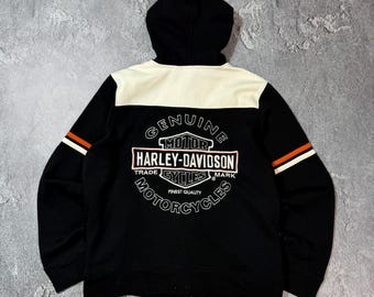 Vintage Harley Davidson Biker Flame Y2K Big Logo Zip Hoodie Black