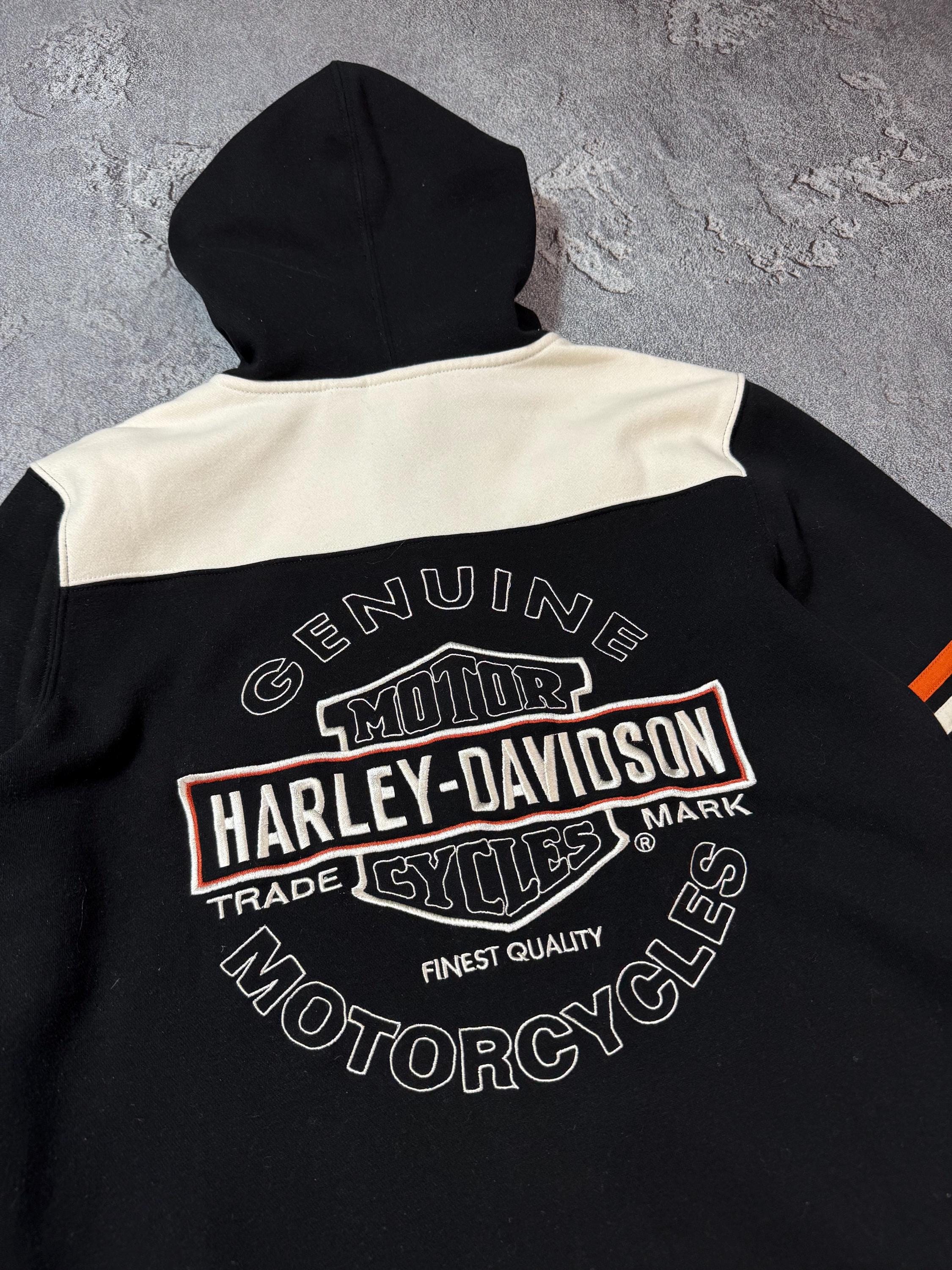 Vintage Harley Davidson Biker Flame Y2K Big Logo Zip Hoodie Black