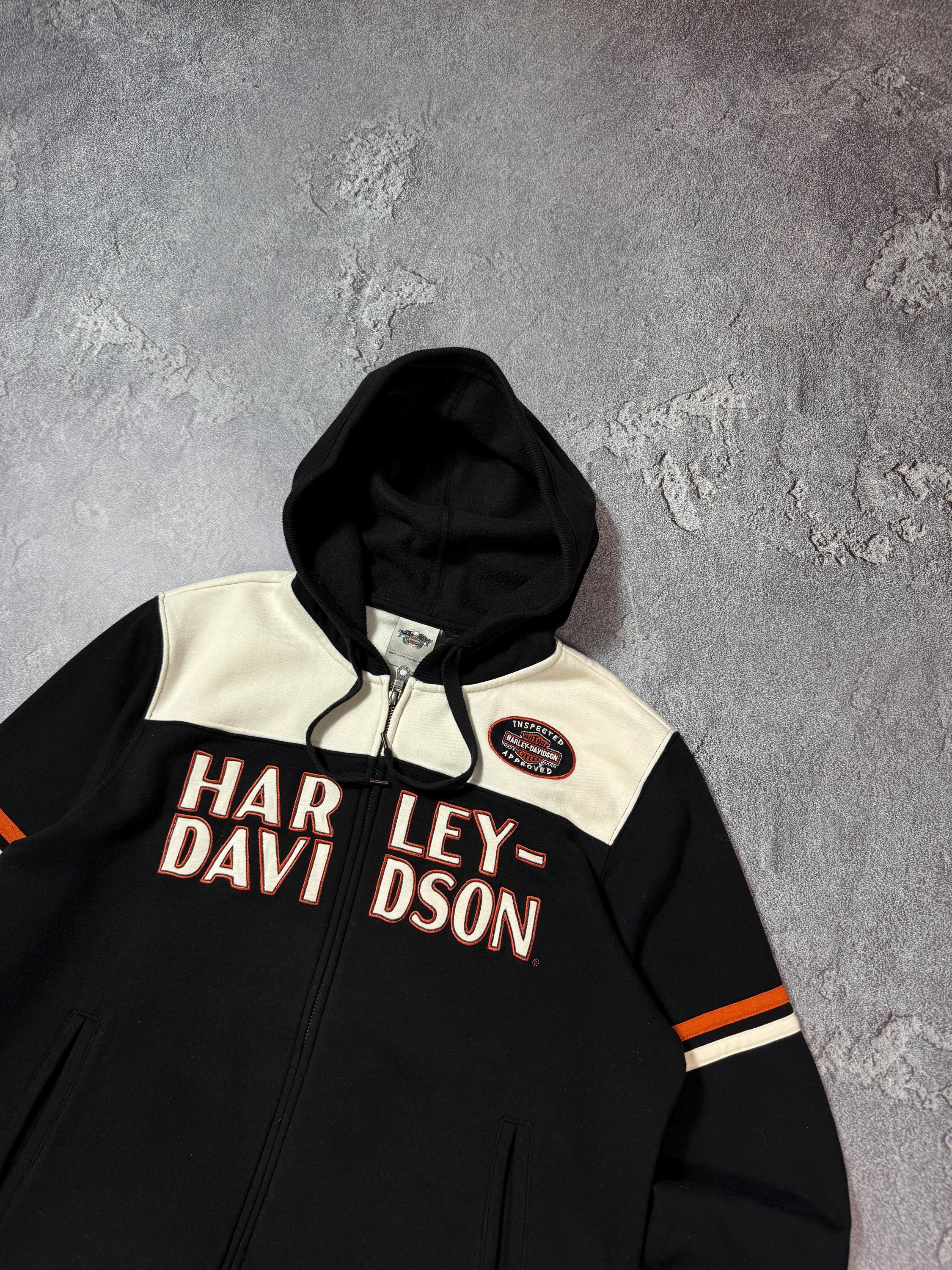 Vintage Harley Davidson Biker Flame Y2K Big Logo Zip Hoodie Black