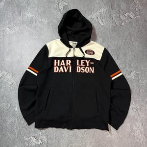 Sudadera con capucha y cremallera con logo grande de Harley Davidson Biker Flame Y2K, color negro, talla S