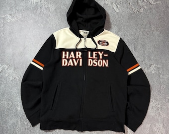 Vintage Harley Davidson Biker Flame Y2K groot logo hoodie met rits zwart, zeldzame maat S