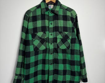 Vintage 60s Chandler Blue Black White Plaid Cotton Flannel Shirt