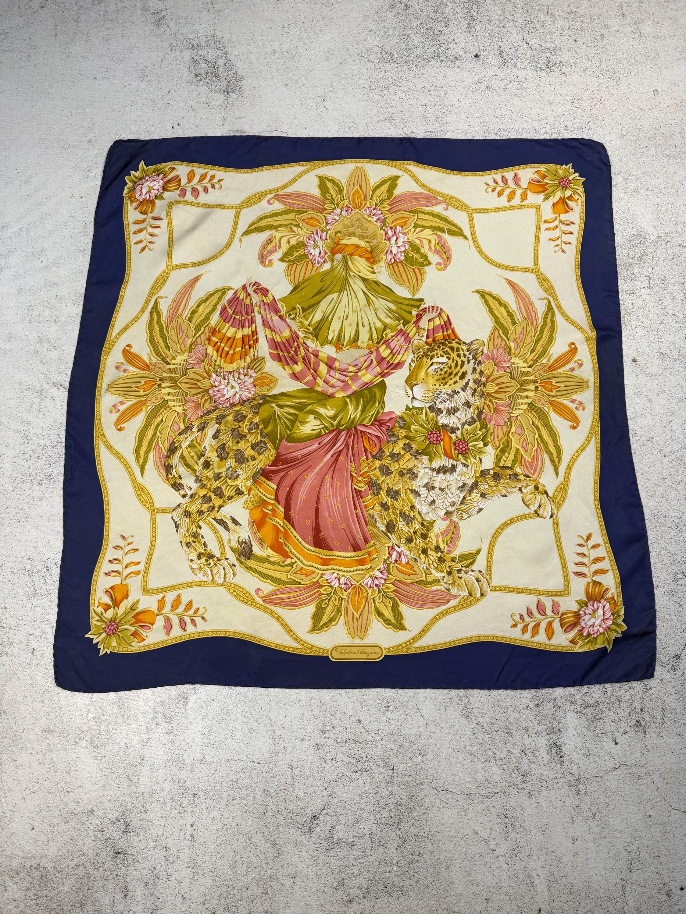 Salvatore Ferragamo Vintage 100%silk Scarf Leopard Animal Floral