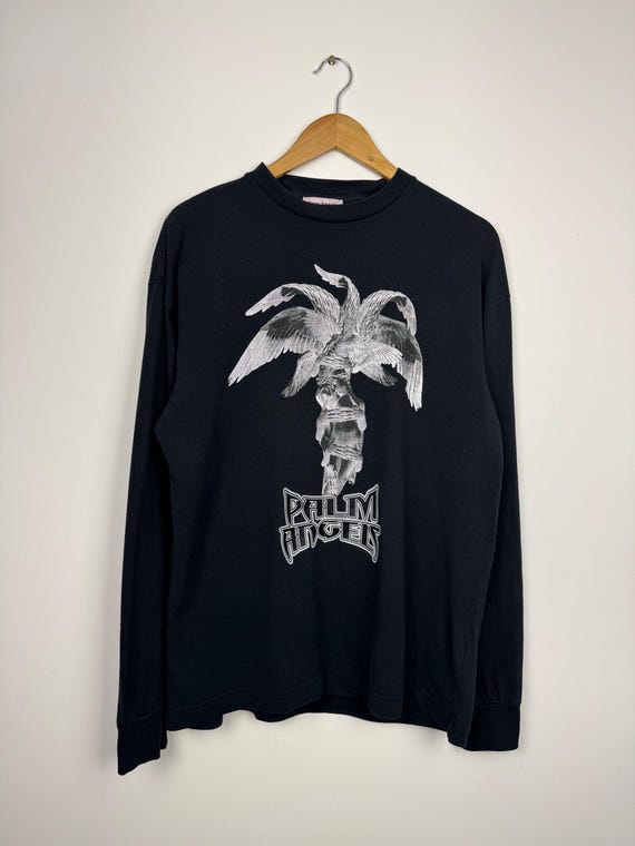 Palm Angels Logo Print Statue Black Mens T-shirt Long Sleeve 100