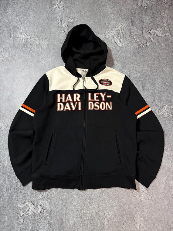 希少 00s Harley Davidson ピエロ フレイム 3XL ビッグ Vintage Harley Davidson Biker Flame Y2K Big Logo Zip Hoodie Black