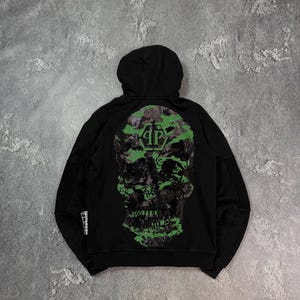 Vintage RARE RRP 1965 Philipp Plein Homme Big Logo Strass Skull Auth Size M Black/Green
