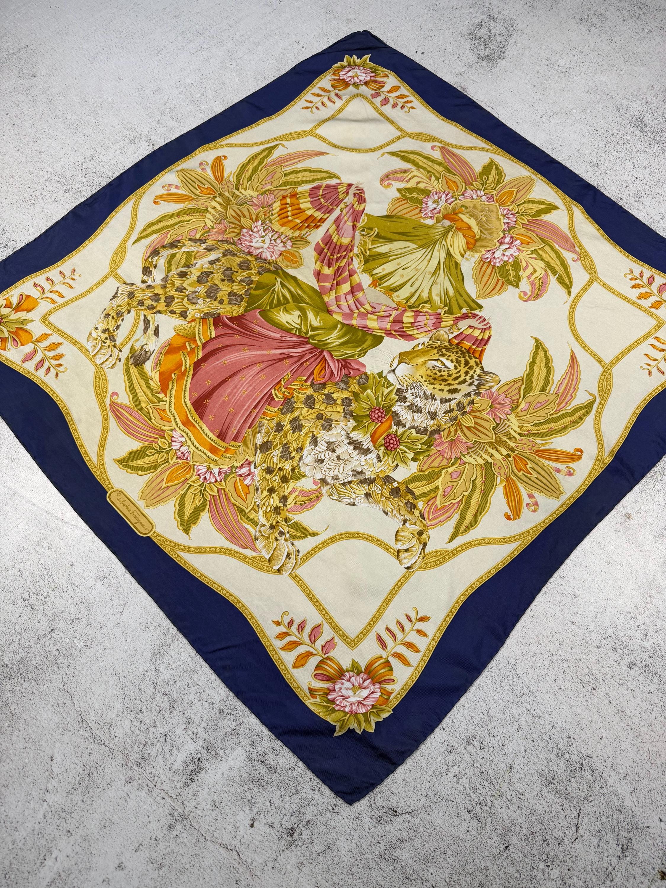 Salvatore Ferragamo Vintage 100%silk Scarf Leopard Animal Floral