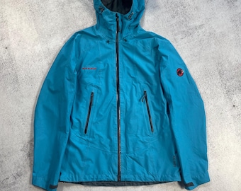 Giacca con cappuccio e cerniera blu da donna Mammut Gore-Tex, stile vintage impermeabile per esterni, taglia S