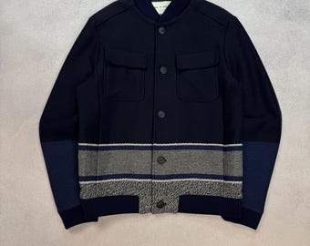 RRP 1995 Etro Milano Wool Blanket Stripe Bomber Jacket Navy Blue Mens Luxury L