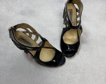 Jimmy Choo London Black Open Toe Heel Sandals Shoes Vamp Glitter Pump Size 37