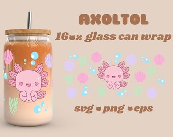 May include: Axolotl glass can wrap design featuring a pink axolotl with hearts for eyes, surrounded by seashells, seaweed, and bubbles. The design is available in SVG, PNG, and EPS formats.  16 oz glass can wrap.