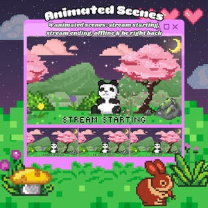 4xアニメーションピクセルパンダTwitchシーン | オフライン、すぐに戻る、ストリーム開始、ストリーム終了 | かわいい | レトロ | ピクセル | 桜 | 居心地の良い | ローファイ