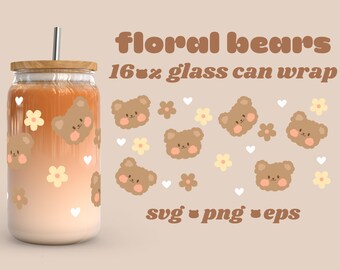 May include: A glass can wrap featuring a repeating pattern of cartoon teddy bear faces, flowers, and hearts. The text "floral bears" and "16oz glass can wrap" are displayed in brown. The wrap is designed for a 16-ounce glass can.