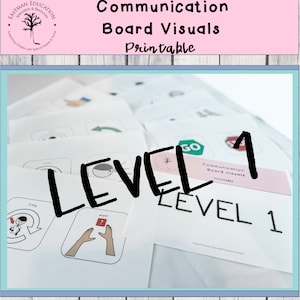 Puede incluir: Un conjunto de imágenes de comunicación para tablero imprimibles para niños. Las imágenes están organizadas por nivel, con el Nivel 1 mostrado en la imagen. Las imágenes incluyen imágenes y texto, como "go", "stop", "want" y "1/mg".