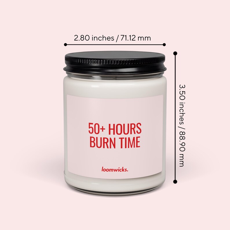 a candle labeled "50+ HOURS BURN TIME" with a black lid, and it is described as having a size of 2.80 inches/71.12 millimeters.