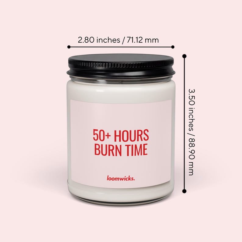 a candle labeled "50+ HOURS BURN TIME" with a black lid, and it is described as having a size of 2.80 inches/71.12 millimeters.