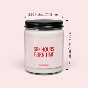 a candle labeled "50+ HOURS BURN TIME" with a black lid, and it is described as having a size of 2.80 inches/71.12 millimeters.