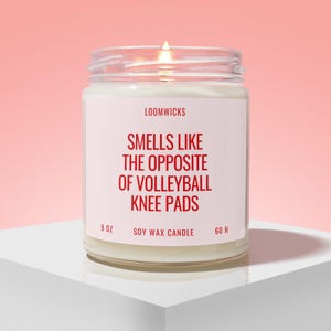 May include: A lit soy wax candle in a clear glass jar with a white label featuring the text LOOMWICKS, SMELLS LIKE THE OPPOSITE OF VOLLEYBALL KNEE PADS, 9 OZ, and 60 H. The candle has a visible flame and is set against a solid light pink background.