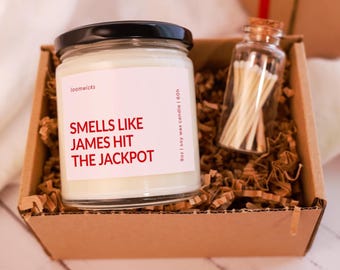 Personalized Engagement Candle, Gift, Funny Engagement Party, Wedding Gifts, Bride to Be Gifts, Future Mrs Gift, He Hit The Jackpot