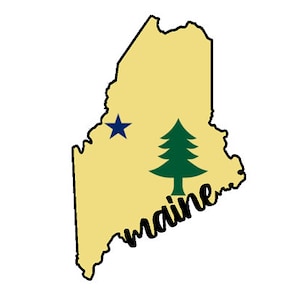 May include: A yellow outline of the state of Maine with a blue star and a green pine tree in the centre. The word "maine" is written in black cursive across the bottom of the state.