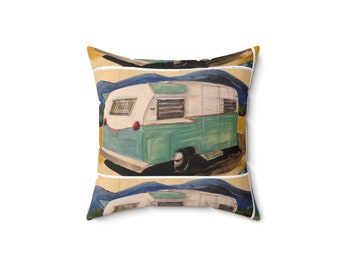 Vintage Shasta Camper trailer Hand Painted Art Spun Polyester Square Pillow