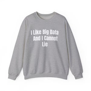 May include: A heather gray sweatshirt with the text "I Like Big Data And I Cannot Lie" in white block letters. The crew neck sweatshirt has long sleeves and a casual style. The text is centered on the front of the garment.