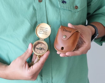 Personalized Brass Compass, Anniversary Gift with Optional Leather Case