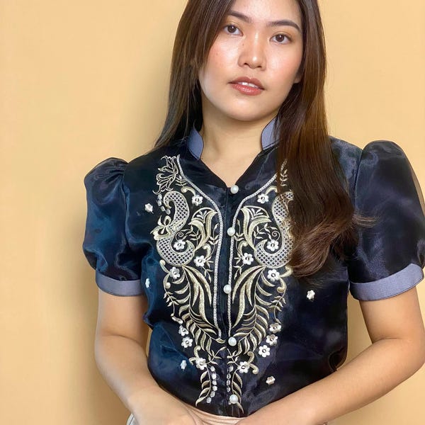 Senhoras Barong Cor Preta Puff Filipiniana- Lynn Top
