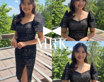 Filipiniana Dress with Slit- Knitted Black