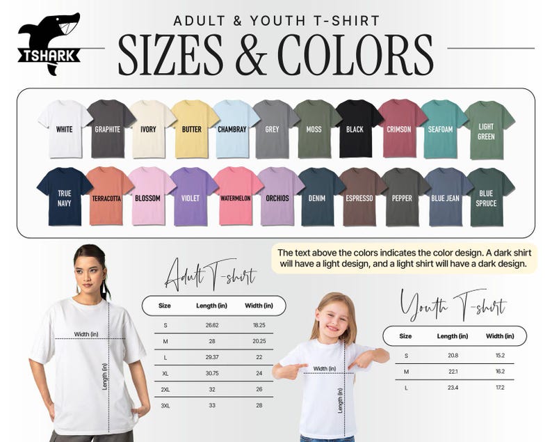 May include: Image showing a variety of t-shirt colors and sizes for adults and youth. The color options include white, black, and various shades of blue, green, and pink. Size charts are provided, with measurements in inches for both adult and youth t-shirts.