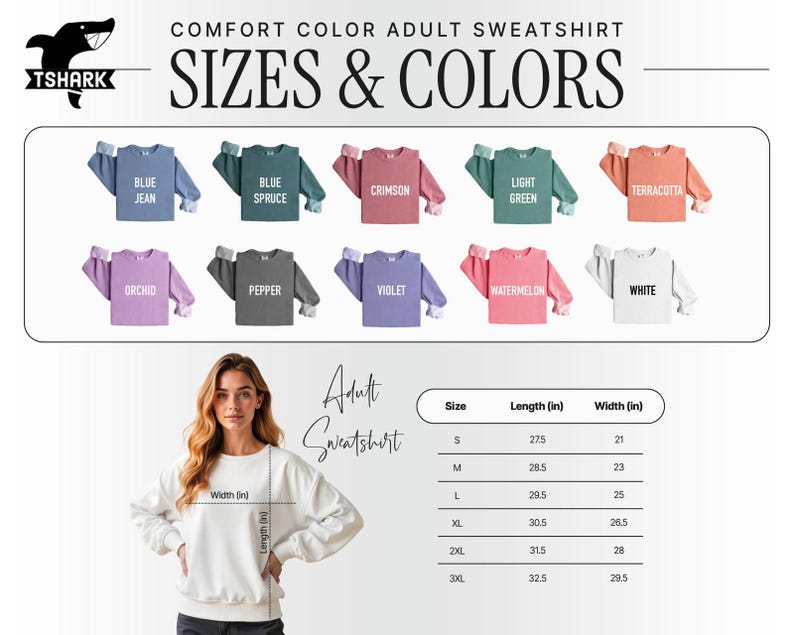 May include: Comfort Color adult sweatshirts in various colors, including blue jean, crimson, and white. The image displays a size chart with measurements in inches. The sweatshirts are available in sizes S to 3XL.