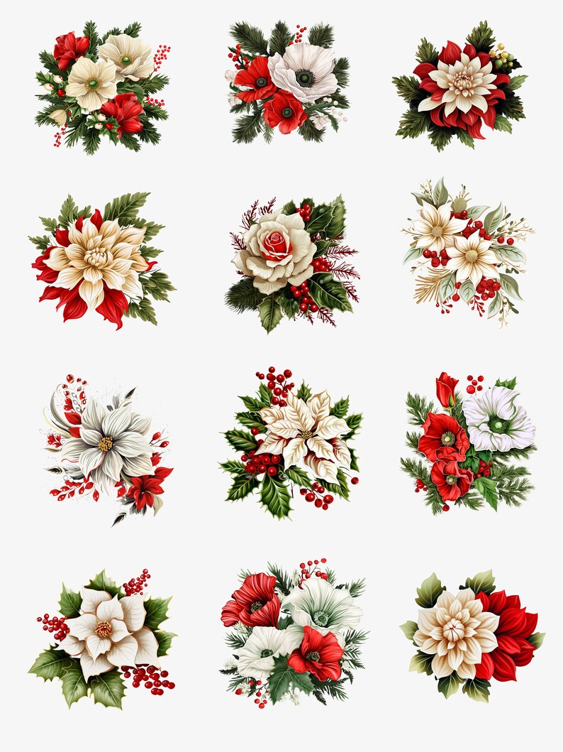 30-file Instant Download Christmas Floral Clipart Bundle Rose, Poppy ...