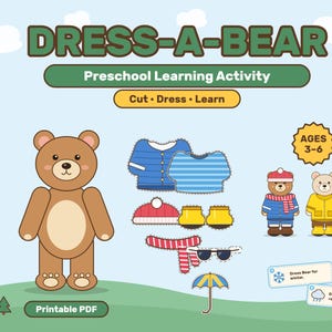Op de afbeelding: Een Dress-A-Bear voorschoolse leeractiviteit als printbare PDF met een bruine beer, diverse kledingstukken zoals shirts, mutsen en accessoires met stippellijnen om te knippen, en drie voorbeelden van aangeklede beren voor kinderen van 3-6 jaar.