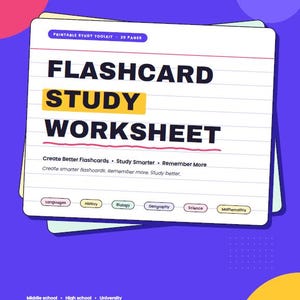 Op de afbeelding: Een printbaar flashcard-werkblad met 20 pagina's. Het document bevat de tekst FLASHCARD STUDY WORKSHEET, Create Better Flashcards, Study Smarter, Remember More en onderwerplabels voor Languages, History, Biology, Geography, Science en Mathematics.
