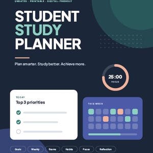 Op de afbeelding: Een donkerblauw digitaal sjabloon voor een studentenstudieplanner met de tekst Student Study Planner, Plan smarter. Study better. Achieve more., een 25:00 focus timer, een dagelijkse prioriteitenlijst, een weekschema en navigatieknoppen.