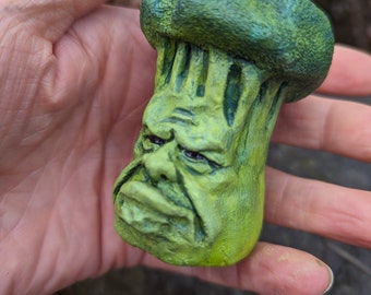 Broccoli ornament, cranky, sooky cruciferous vegetable, angry veggie face, made in Nova Scotia