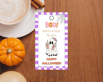 Boho Halloween Treat Bag Tags: Spooky Ghost with Coffee (PDF Printable)