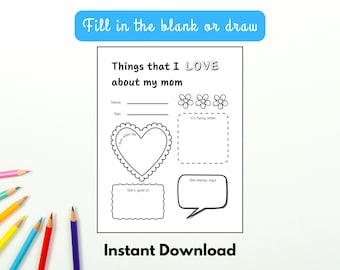 Målarbild för saker jag älskar med mamma: Utskrivbar för hemmet eller klassrummet (digital nedladdning)
