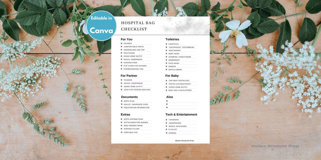 Hospital Bag Packing List for Labor and Delivery Editable Canva