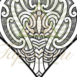 May include: Black and white geometric design with intricate patterns and swirls. The design is in the shape of a diamond and features a central triangle.