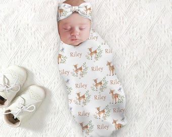 Personalized Deer Swaddle Blanket Newborn Name Swaddle Blanket baby name swaddle name announcement baby Photo Prop Swaddle Hat Set