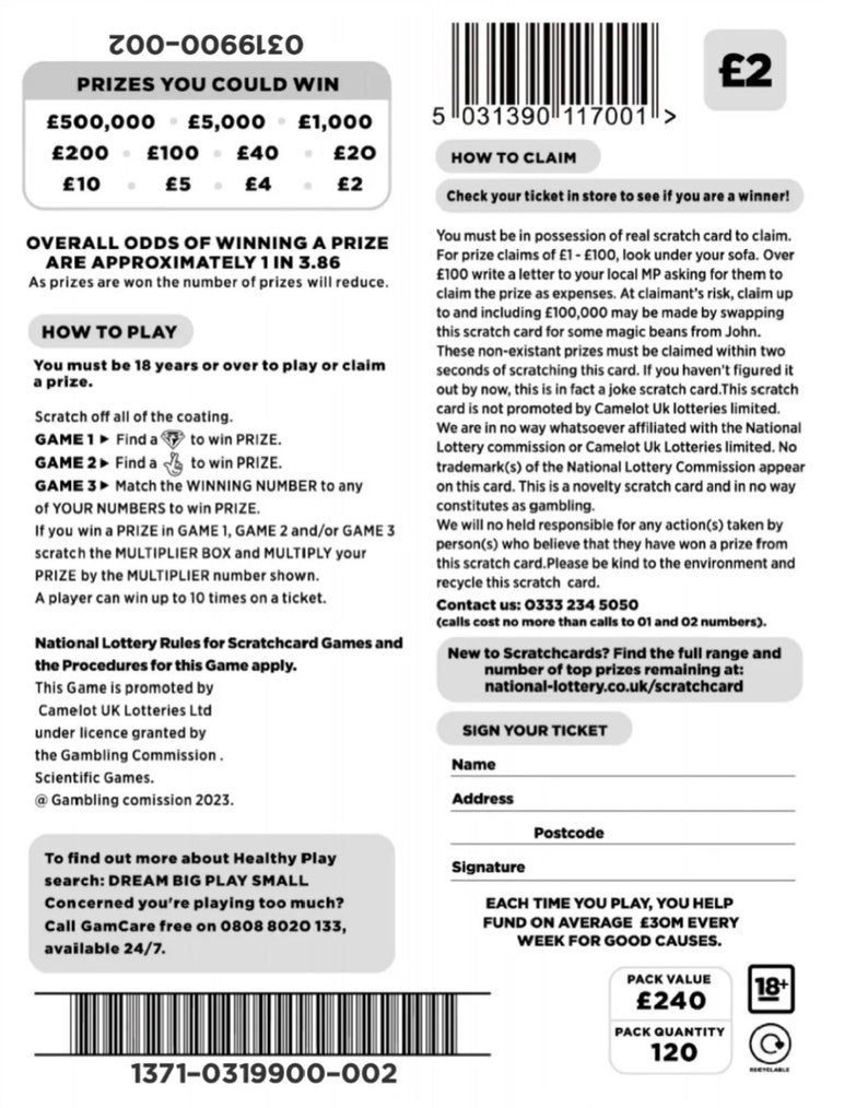 3 X Joke Fake Scratch Cards Win 500k Great Valentine's Day Gift